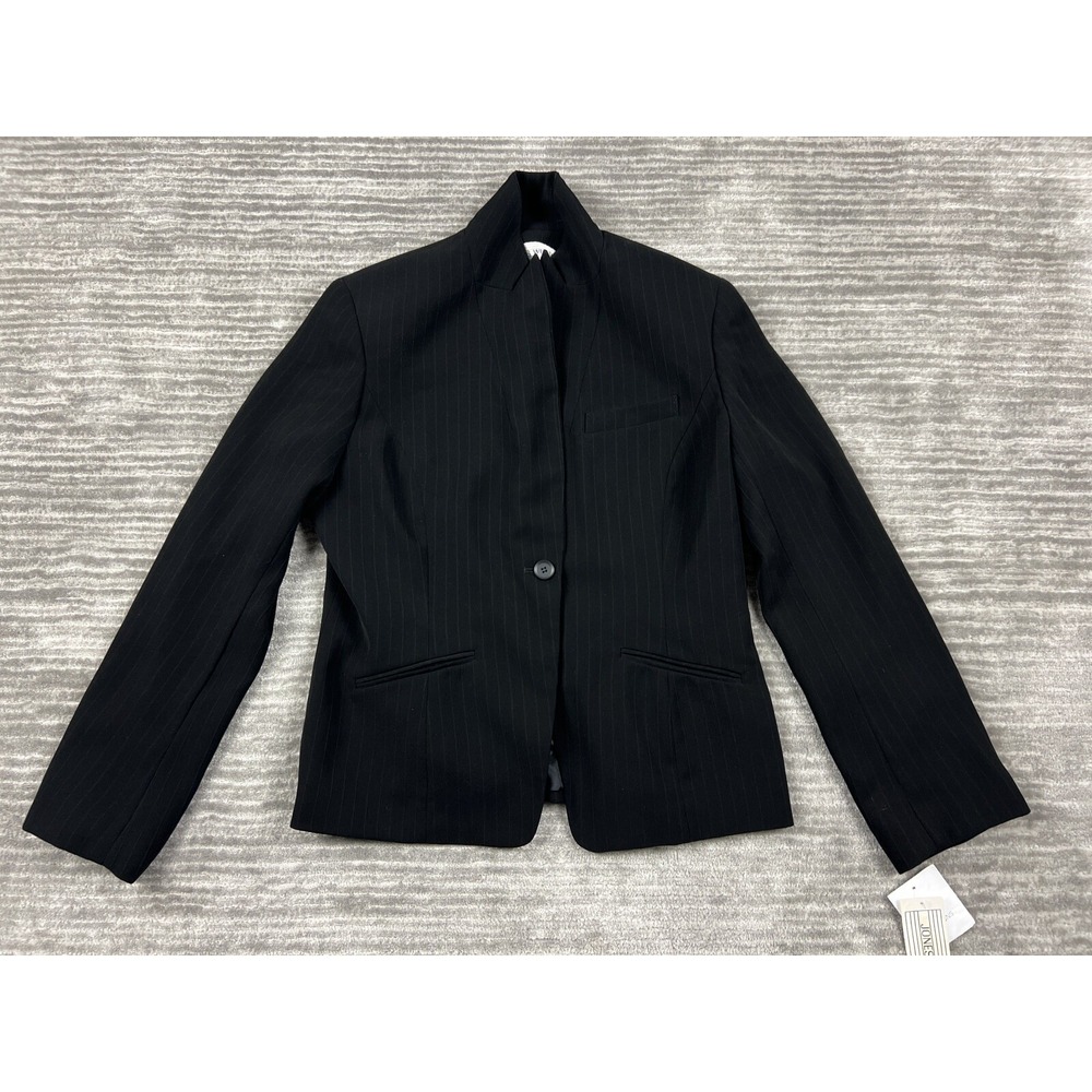 Jones Wear Blazer Womens 10 Black Stripe Stand Collar Single‎ Button Suit Jacket